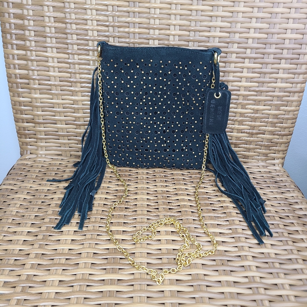 Mossimo Supply CO Fringe Gold Studded Crossbody Bag Suede Black Gold Chain Strap